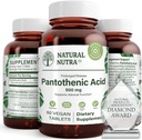 Natural Nutra Time Release Pantothenic Acid 500 mg, Vitamin B5 dodatek pomáhá lámat tuk a sacharidy, Metabolismus a energie, Zlepšit svalové zdraví, 60 Vegetariánské tablety (3 balení)