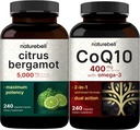 NatureBell CoQ10 400mg Kapsle s Omega 3 mastné kyseliny & Citrus Bergamot Veggie Kapsle 5 000 mg Ekvivalentní Bundle Pack S124; Stabilní vysoce absorpční forma S124; Vysoká hladina antioxidantů