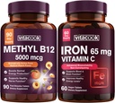 Železo a vitamín B12 Bundle, 5000 mcg B12, Nulový cukr, karbonyl železo s vitaminem C, jemný na žaludku