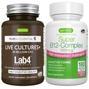 Živé kultury + Lab4 Probiotika + Super B12- Complex, Vegan Bundle, 25 miliard CFU Lactobacillus Acidophilus a Bifidobacterium + High Absorption Sublingual B12, by Igennus