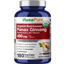 NusaPure Red Korean Panax Ginseng 20: 1 Extract, 450 mg Ekvivalentní s 9 000 mg 180 Veggie Caps (USDA Organic, Non- GMO, Vegan, Vegetarian, Bioperin)