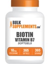 BulkSupplements.com Biotin 10000mcg Softgels - Vitamin B7, Biotin Vitamíny pro vlasy, kůže a nehty, Biotin Supplement - Lepek zdarma, 1 Softgel per Serving, 365 Počet (balení po 1)