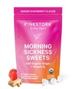 Pink Stork Morning Sweets, Organic Raspberry Ginger Candy s vitaminem B6, Podpora pro nevolnosti pohybu, Prenatal Heartburn - Těhotenství musí mít - 30 obalené kapky