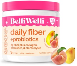 BelliWelli Fiber dodatek pro ženy a muže - Premium Daily Fiber Powder from Organic Acacia with Added Collagen, Electrolytes & Probiotics - No Bloat, Zácpa & Gut Health Support (Peach Mango)