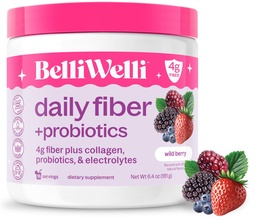 Belli Welli Fiber dodatek pro ženy a muže - Premium Daily Fiber Powder from Organic Acacia with Added Collagen, Electrolytes & Probiotics - No Bloat, Concurrency & Gut Health Support (Wild Berry)