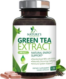 Zelený čaj Extrakt Kapsle 1000mg 98% Standardizované EGCG - 3X Síla pro přírodní energii - Podpora srdce s polyfenoly - Gentle Caffeine - 120 Kapsle
