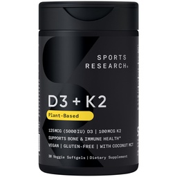Sportovní výzkum Vegan vitamin D3 + K2 dodatek s organickým kokosovým olejem - 5000iu Vitamin D se 100mcg Mk7 Vitamin K - Podporuje vápník pro silnější kosti a imunitní zdraví - 30 Softgels pro dospělé