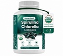 Teaveli Organic Spirulina a Chlorella Kapsle - 180 Chlorofyl pilulky, Blue Green Algae Powder Kapsle na podporu Detox, Mitochondria & Energy- 3X Více Chlorella Spirulina Powder / Serving