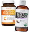 Balení černého oleje kapalného a vitaminu C - Imunitní Fusion Booster Pack - Organic Black Seed Oil Liquid (8fl oz) Premium Cold- Pressed Nigella Sativa & Vitamin C Imunitní podpora (Non- GMO) (60 Kapsle)
