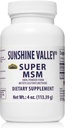 Sunshine Valley ® Super MSM dodatek - Methylsulfonylmethan MSM Krystaly Prášek pro společnou podporu, hřebíky, vlasy a zdraví kůže - 100% čistý prášek, bez příchutí, dodatek stravy - 4 oz