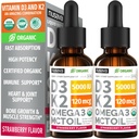 (2 Pack) Organic Vitamin D3 K2 Kapky 5000 IU s MCT Oil Omega 3 - Maximální síla tekutý D3 bez plnidel, Non- GMO pro rychlejší absorpci, imunitní podpora (Jahoda, 2 Fl Oz)