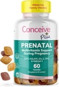 CONCEIVE PLUS Prenatal Gummies - DHA, kyselina listová, vitamín D3, C, zinek, a Omega 3, přírodní citrón + Malinový flavor, 60 Počet, 30 denní dodávka