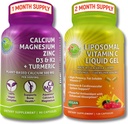 Kostní a imunitní podpůrné pouzdro - Lipozomální vitamín C 1100mg tekutý gel obohacený o Acerola Cherry & Plant- Based vápník (z Aquamin ®), hořčík, zinek, D3, K2 + kurkuma - Čistá Wellness podpora