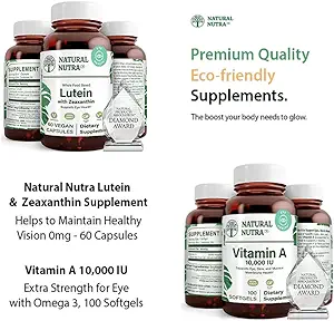 Natural Nutra Lutein a Zeaxanthin dodatek Soy Free, 20mg - 60 Kapsle a vitamín A 10,000 IU, Pomáhá udržet zdravé vidění s Omega 3, 100 Lepek zdarma