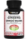 Authentic Korean Red Panax Ginseng 1200mg + Ginkgo Biloba 160mg - High Ginsenosids Extra Strength - Energy, Memory, Focus & Brain Health - Veganské kapsle pro muže a ženy - 120 Počet