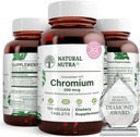 Natural Nutra GTF Chromium Polynikotinát s ChromeMate, podporuje metabolismus těla, Podpora srdce zdraví, Udržovat tělesnou úroveň tuku, Zlepšit potravu, kardiovaskulární zdraví, 200 mcg, 120 Vegan tablety