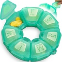 Round Weekly Pill Organizátor, TPU Rubbberized, Cestovní Pill Kontejner 7 Den, se 7 Velké kompartmenty, Skvělé pro denní vitamíny & doplňky, Roztomilý Pill Pouzdro s velkými písmeny a Braille (zelená)