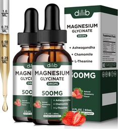 Magnesium Glycinát Tekuté Kapky Dodatek, s Magnesium Glycinát 500 mg Ashwagandha, L - Theanin, Heřmánek-Podpora Stress Relief, Kost, Svalovina, Mood Strawberry Flavor 2Pack