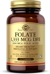 Solgar Folate 1,333 mcg DFE (Folic Acid 800 mcg) - 250 Tablets - Prenatal Support - Non-GMO, Vegan, Gluten Free, Dairy Free, Kosher - 250 Servings