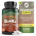 Zemní Nutri vitamin D3 K2 doplněk 5000 IU - Obsahuje K2 z MENA Q7, D3 z Vitashinu, vápník z Aquamin & 72 stopových minerálů - pro imunitní, kostní a srdeční zdraví - Non- GMO - 60 Veg Kapsle