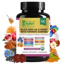 Black Seed Oil & Honey with Turmeric Gummies with BioPerine, Apple Cider ocet, Biotin, Zinek & Vitamíny C D3 B12 - Imunní, Detox, Energy & Vlasové kožní nehty Podpora - 60 Vegan, Halal, organické gumy