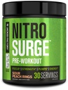 Jacked Factory NITROSURGE Pre Workout Doplněk - Nekonečná energie, okamžitá síla zisky, jasné zaměření, intenzivní čerpadla - NO Booster & Powerful Preworking Energy Powder - 30 Servings, Sour Peach Rings