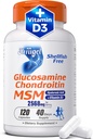 Glucosamine Chondroitin MSM + Vitamin D3 CLAS124; Shellfish- Free Joint Supplementary for Mobility, Flexibility & Bone Health CLAS124; Non- GMO, gluten- Free, Soy- Free - 7- in-1 Formule pro muže a ženy