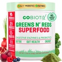 GOBIOTIX Super Zelené a červené Powder - Červený a zelený Superfood - Probiotický dodatek - Dědičné Enzymy a kořenový prášek - Organická celá potraviny Dietní dodatek (Pom Raspberry, 1 Pack)