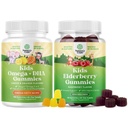 Bundle Omega DHA Gummies for Kids - mastné kyseliny Omega 3 6 9 s vitaminem C pro mozek, imunitu a vizi a Sambucus Elderberry Gummies pro děti zdraví se zinem a vitaminem C pro imunitní podporu
