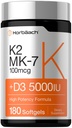 Horbäach Vitamin D3 K2 5000 iu IR 124; 100mcg MK-7 Complex IR 124; 180 Softgel Kapsle IR 124; Non- GMO & Gluten Free Supplement