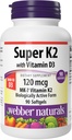 Webber Naturals Super Vitamin K2 MK-7 120 mcg s vitamínem D3, 90 Softgels, podporuje kosti, zuby, a kardiovaskulární systém