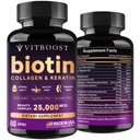 VITBOOST Biotin s hyaluronovou kyselinou, kolagenem a keratinem - 25000 mcg růstové vitamíny pro muže a ženy - hřebíky a kůže, USA Made - Třetí strana Tested, B1, B2, B3, B6, B7 Complex - 60 Kapsle