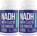 NADH 50mg + CoQ10 200mg + D- Ribose 150mg dodatek, zvýšení NAD + Doplňky pro imunitní systém, celulární energii, Focus, Reduced Nicotinamid Adenin Dinucleotid, 120 Veggie Kapsle
