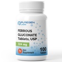 Puregen Labs Ferrous Gluconate 324 mg [Vysoká potence] Železo dodatek, Gentle on Stomach - 100 tablet