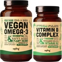 Vegan Omega 3 180 Softgels & Vegan Vitamin B Complex Bundle - Plant- Based DHA & EPA Fatty Acids, Essential B Vitamíny s celou potravinovou směsí, B1, B2, B3, B5, B6, B7, Folát