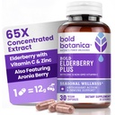 Bold Botanica Elderberry Plus - 65x Koncentrovaný černý Elderberry Extrakt se zinkem a vitaminem C pro denní imunitní podporu a sezónní Wellness - Non- GMO, 30 Vegan Kapsle