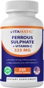 Vitamatic Ferrous Sulfát 325 mg s vitaminem C 100 mg (65 mg Elemental Iron) - High potency Iron Supplement - No umělé barvy - 250 potahovaných tablet, Made in USA