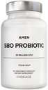 Amen Probiotika dodatek, SBO Probiotická a organická prebiotika, 50 Miliardy CFU, Stabilní, Neskladovací potřebné, Flora Daily Probiotic Formule pro ženy a muže, Vegan & Non- GMO, 60 Kapsle