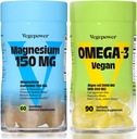 Vegan Omega33 + hořčík Gummie 124; Řasy Omega33 800mg DHA doplňky pro mozek, Heart Eyes Health - 90 Počet 124; 150mg Magnesium Citrátové gumy pro dospělé a děti klid spánku, relaxace