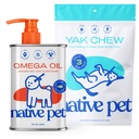 Native Pet Omega Oil for Dogs - Dog Fish Oil doplňky & Yak Žvýkání pro psy 124; Pasture- Raised and Organic Yak Cheese Himalayan Churpi Chews 124; 8 Oz. & 3 Velké Jak žvýkání