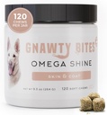 Gnawty Bites Omega Shine Short 124; Dog Skin and Coat Supplement for Health & Lustrous Coat with Omega 3-6-9 & Fish Oil Short124; Suchý, podrážděný, & Itchy kůže úleva pro psy, 120 měkkých žvýkaček