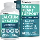 4- in-1 Vápník Doplňky pro ženy a muže - Vápník s vitaminem D3 K2 5000 IU dodatek, 601mg na servírování - Bezlepkové, Vegan- Friendly (120 ct)