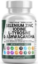 Clean Nutra Selenium 300mcg jód 500mcg Podpora štítné žlázy pro ženy a muže 124; L Tyrosin 500mg Ashwagandha dodatek Bladderwrack, turmeric, Kelp, Schisandra zinkové pilulky kapsle doplňky