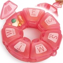 Round Weekly Pill Organizer, TPU Rubbberized, Travel Pill Container 7 Day, s 7 Velké kompartmenty, Skvělé pro denní vitamíny & doplňky, Roztomilý Pill Pouzdro s velkými písmeny a Braille (Rose)