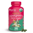 Zena Nutrition Organic Super Zelené Ovoce a Veggies Dodatek, 70 + Superfoods z ovoce a zeleniny, 3g Fiber, Spirulina, Chlorella, Prebiotika a Probiotika, Digestive Enzymes, 180 Kapsle