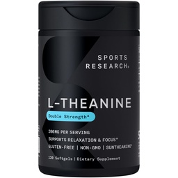 Sports Research Double Strength L- Theanine Supplement - Suntheanine Softgels for Focus, Relaxation & Alerness - Non- Drowsy Support Made with Coconut Oil, Non- GMO & Gluten Free - 200mg, 120 Count