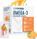 Coromega Omega 3 Rybí olej dodatek, 650mg Omega-3s s 3X lepší absorpce než Softgels, Orange Flavor, 30 Single Serve Squeeze Packets