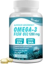 Omega 3 Doplňky rybího oleje, Triple Strength Omega 3 Nutriční dodatek s 650mg EPA 450mg DHA Per Serving - Brain, Eye, Heart & Immunal Health Support - 90 Softgels (45 Serv)