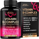 Vitamin B Complex pro muže a ženy - Riboflavin B2, B12, B1, B3, B5, B6, B7, B8, B9 CZ124; Vitamin C, Cholin, Inositol - B-Complex Supplement - Energy, Brain & Heart Support - Made in USA, 60 Vegan Caps