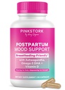 Pink Stork Postpartum Mood Support - Postnatální hormonální rovnováha pro ženy - Kojení Friendly - Stress & Cognitive Support, Nová máma Essentials - Ashwagandha, Heřmánek, & Vitamin D, 60 Kapsle